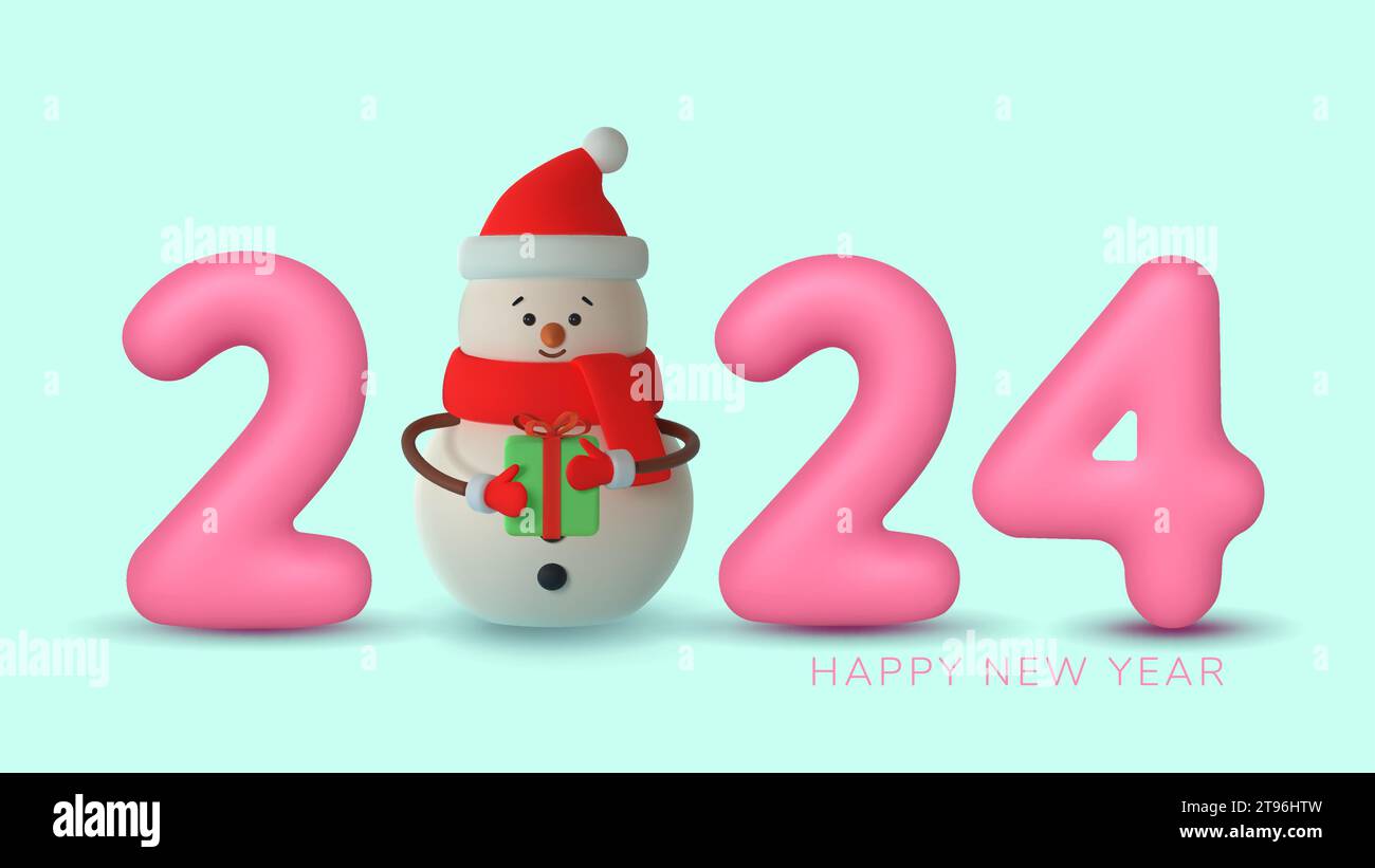 Happy New Year. Christmas snowman with pink 2024 numbers made of