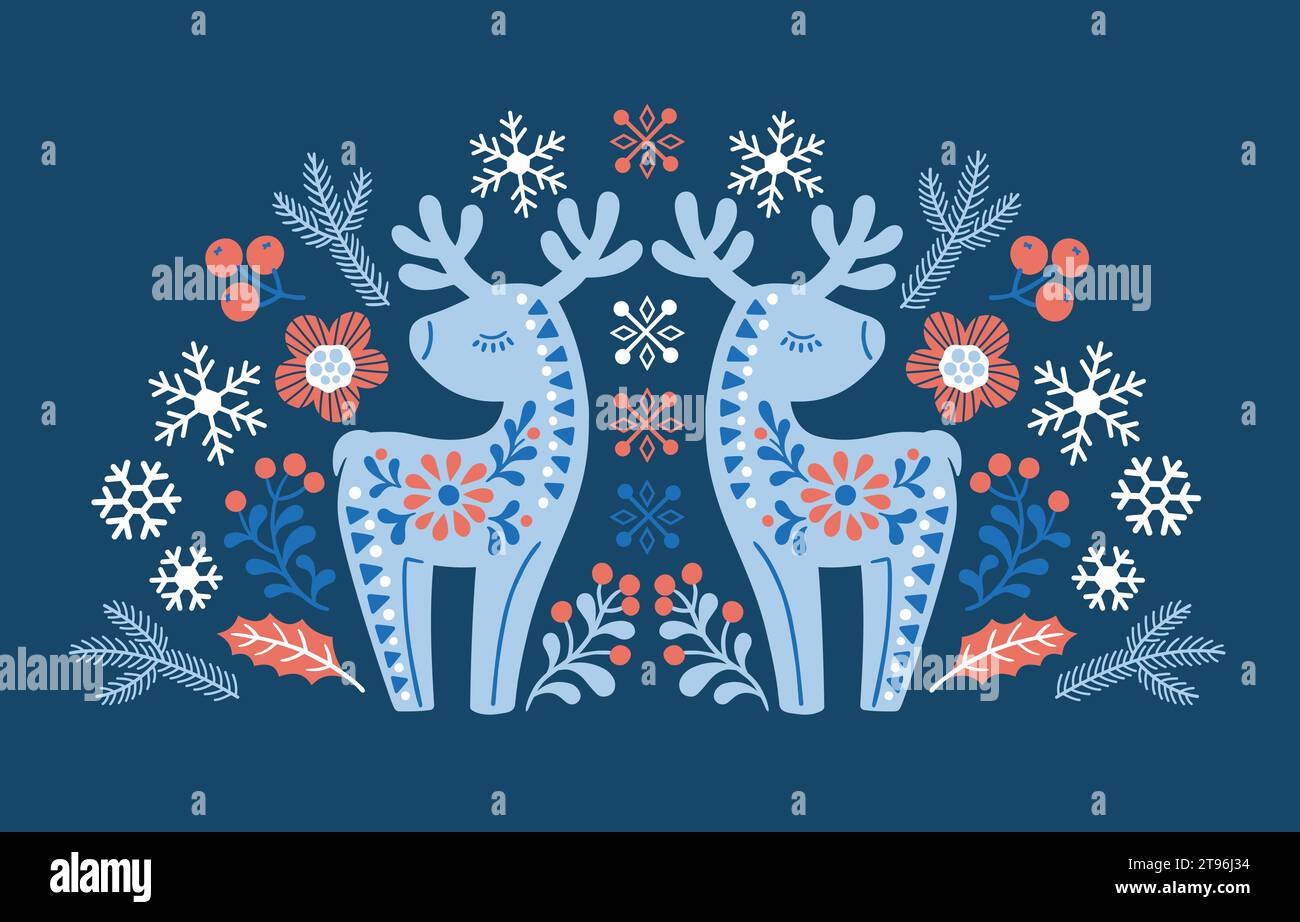 Vector hand drawn illustration of animals in Nordic style hygge. Silhouette of a deer in a floral pattern in a folk Scandinavian style Stock Vector