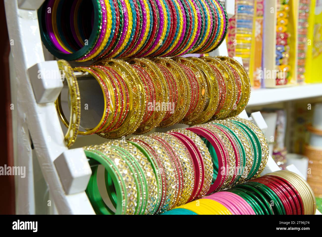 NEW DELHI - NOVEMBER 20, 2023: Bangles are on display at 42nd India International Trade Fair, being held at New Delhi in India. Stock Photo