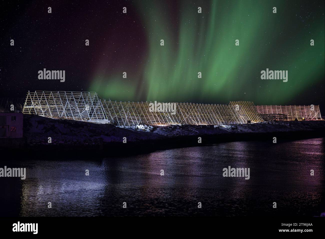 Fishing racks for air drying fish and Northern Lights at Svolvaer