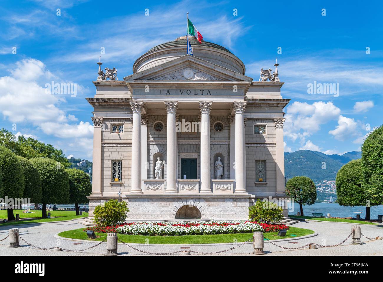 COMO, ITALY - AUGUST 6, 2021: Museum Tempio Voltiano exterior on Lake Como, dedicated to the Italian physicist Alessandro Volta Stock Photo