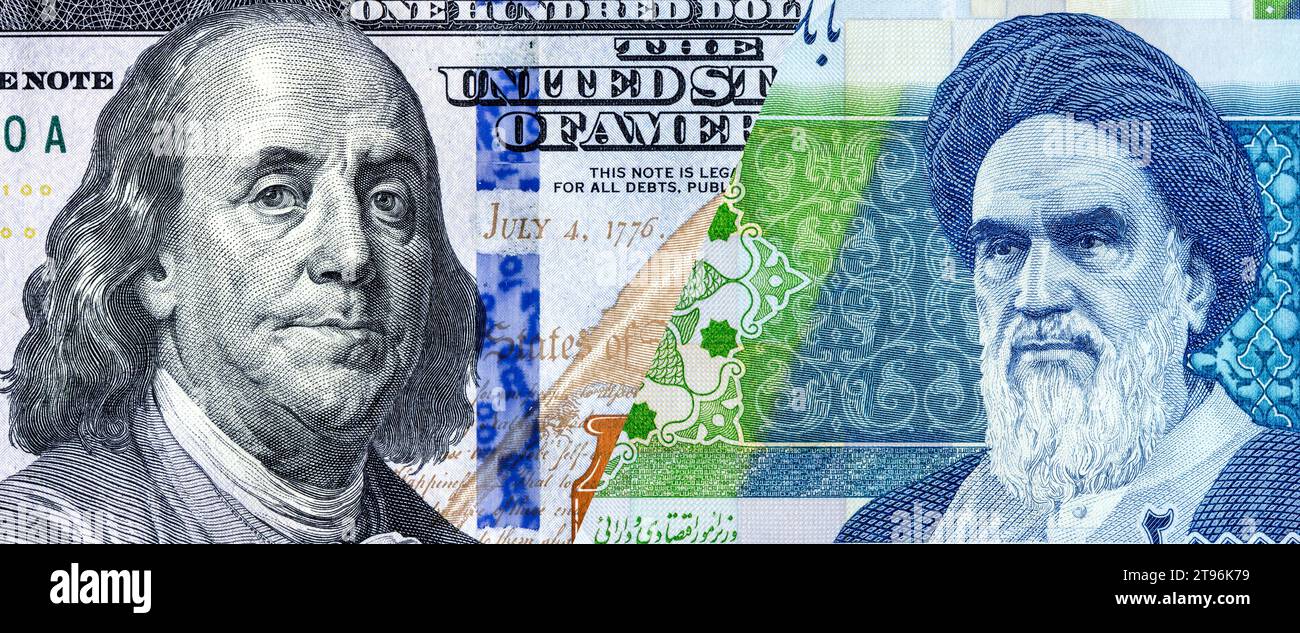 Portrait of Franklin on banknote american dollars and Ayatollah Khomeini on Iranian rials. Business concept photo of the exchange rate, stock exchange Stock Photo