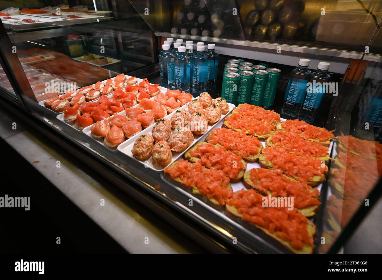 Mercado San Miguel in Madrid, Spain, Tapas and pinchos spanish appetizers at cocktail hour
