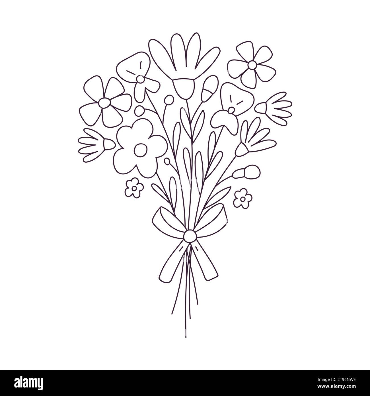 Hand drawn Bouquet of flowers. Outline doodle vector black and white