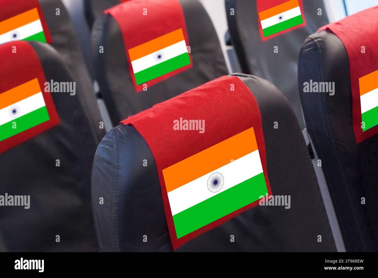 Empty seat in plane with Indian Flag. Travel, flight and transportration in India concept Stock Photo