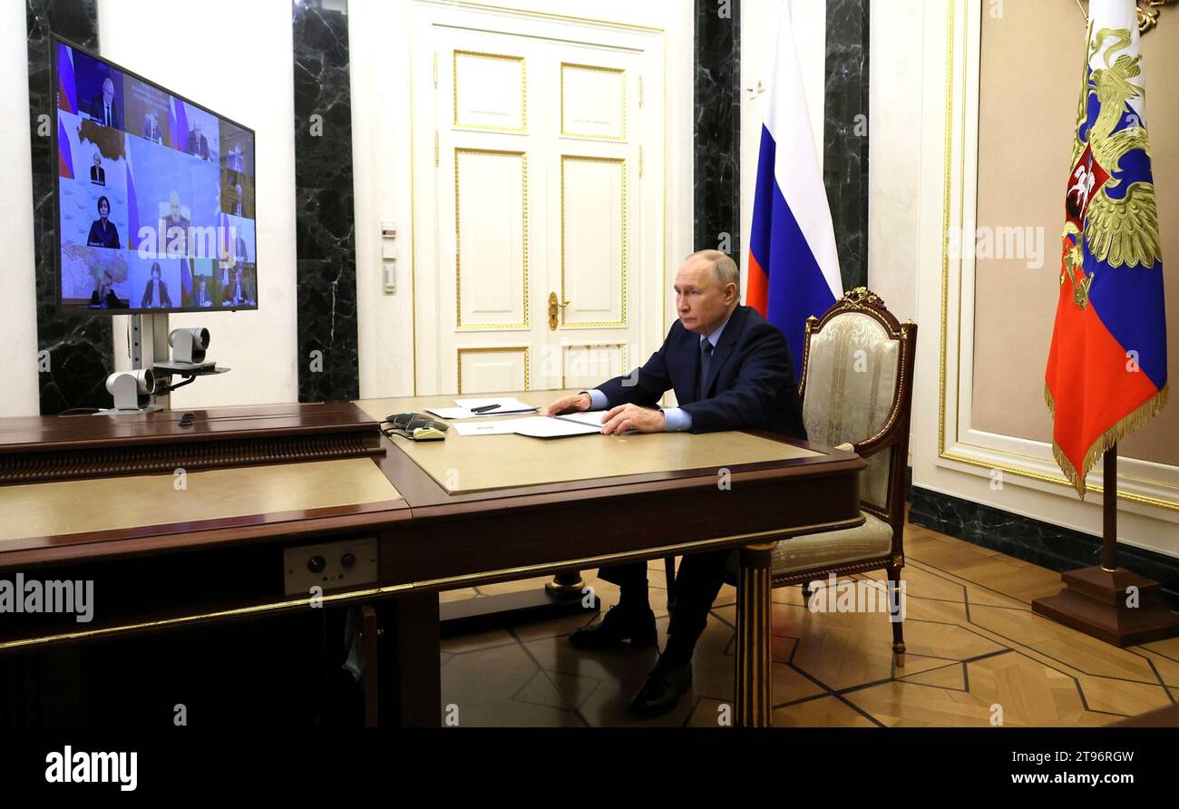 Moscow, Russia. 22nd Nov, 2023. Russian President Vladimir Putin chairs a meeting with members of the government, via a video conference from the Kremlin, November 22, 2023 in Moscow, Russia. Credit: Mikhail Klimentyev/Kremlin Pool/Alamy Live News Stock Photo