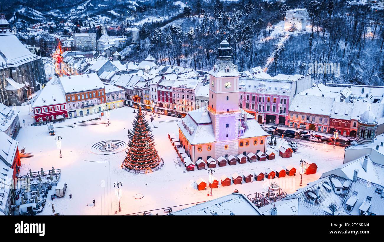 Brasov, Romania. Winter Christmas aerial drone view with Christmas Market, Transylvania holiday destination. Stock Photo