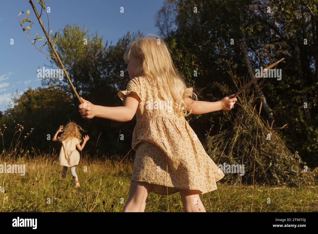 Back view of little blond haired girl in summer dress holding sticks while chasing sister on meadow during sunny weekend Stock Photo