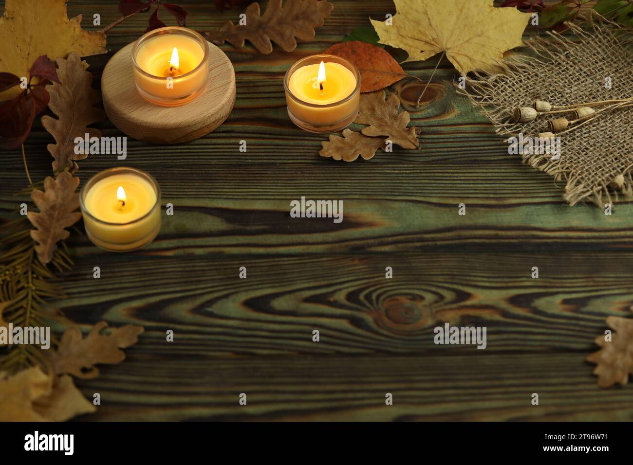 Autumn natural background with leaves and candles Stock Photo - Alamy