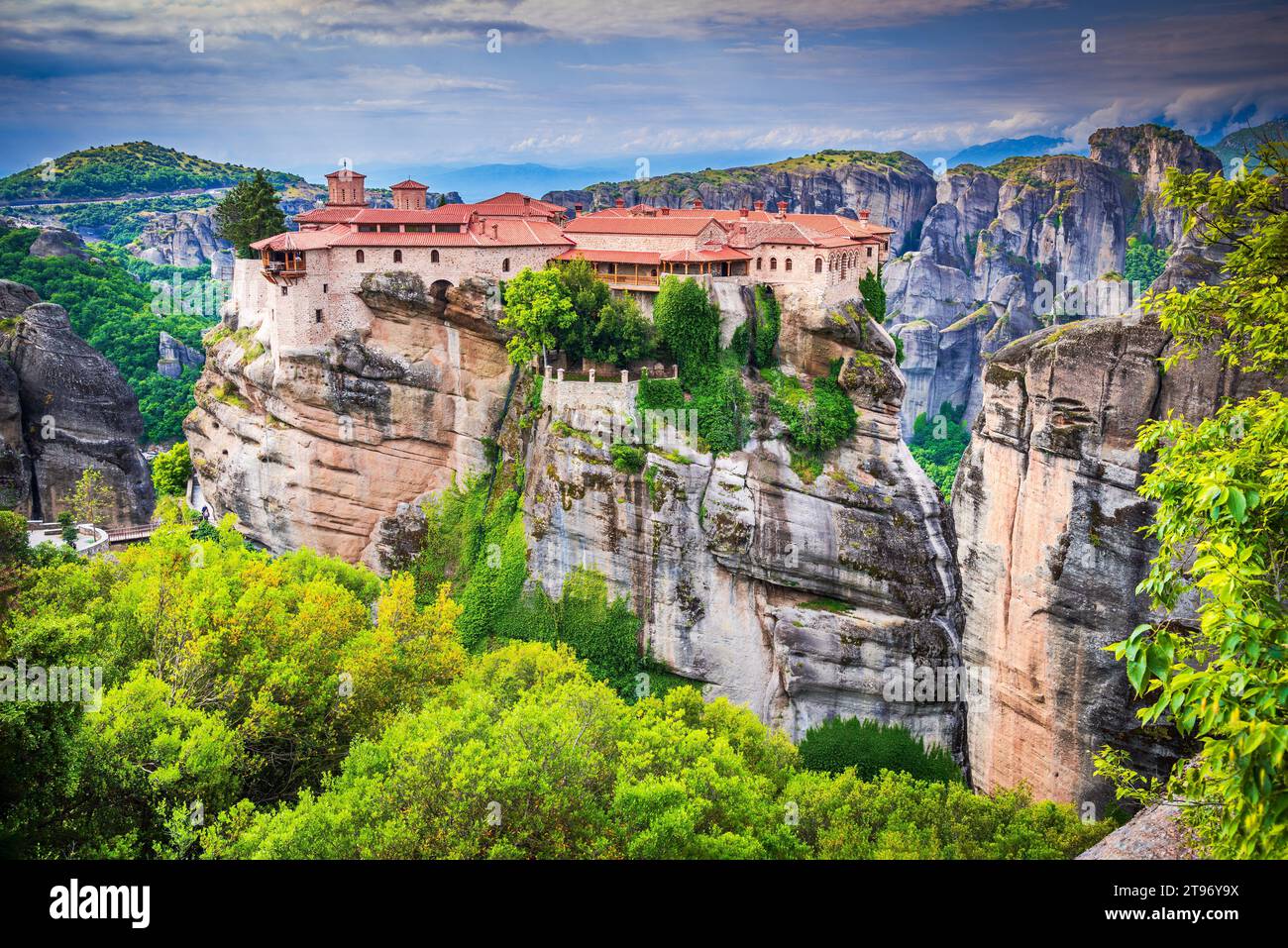 Meteora, Greece. Monastery of Varlaam and famous sandstone rock formations and world Greek heritage. Stock Photo