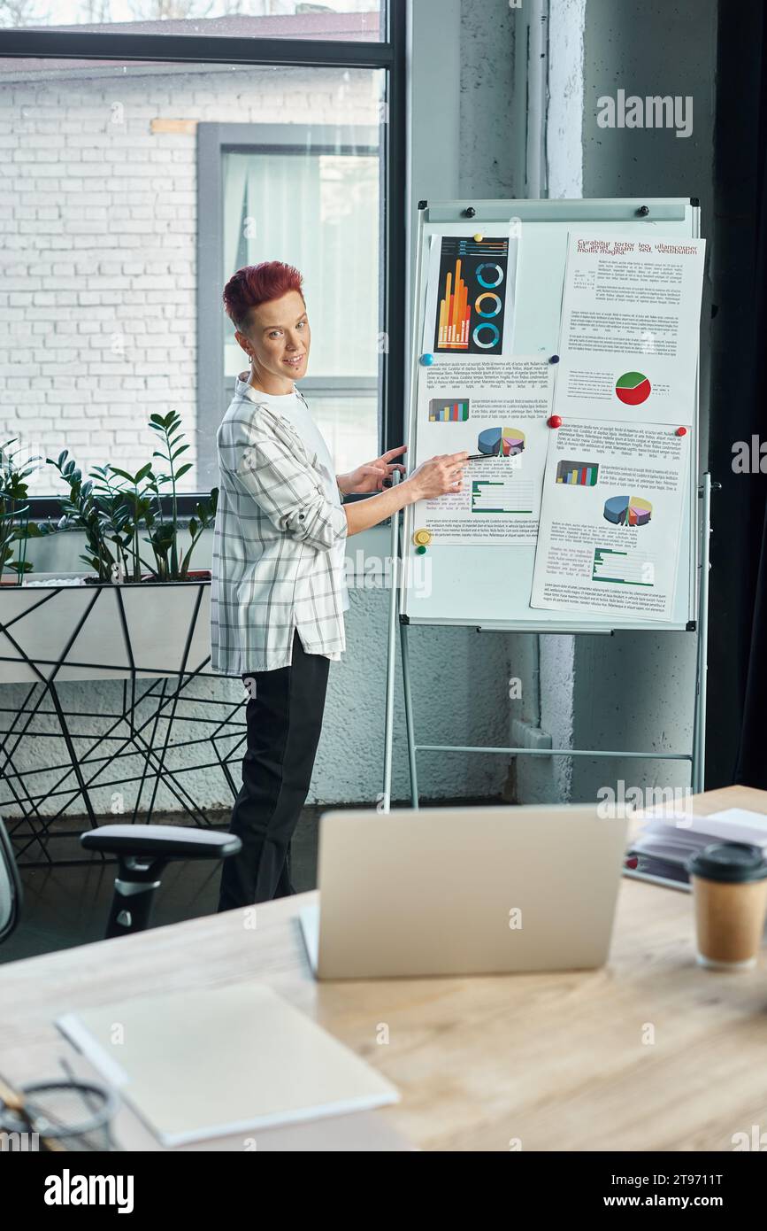 bigender manager pointing at flip chart with graphs during video call on laptop in modern office Stock Photo