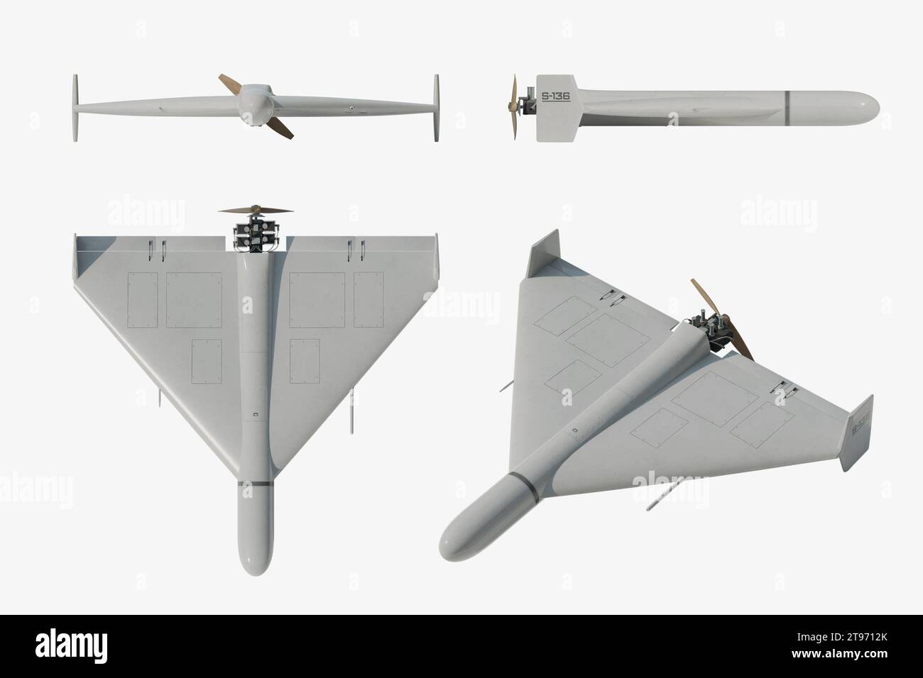Shahed-136 (Geran-2) loitering munition drone: front, back, side and perspective view - 3d rendering Stock Photo