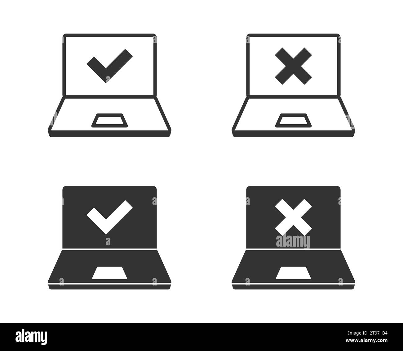 Cross and check marks on laptop screen. Vector illustration Stock