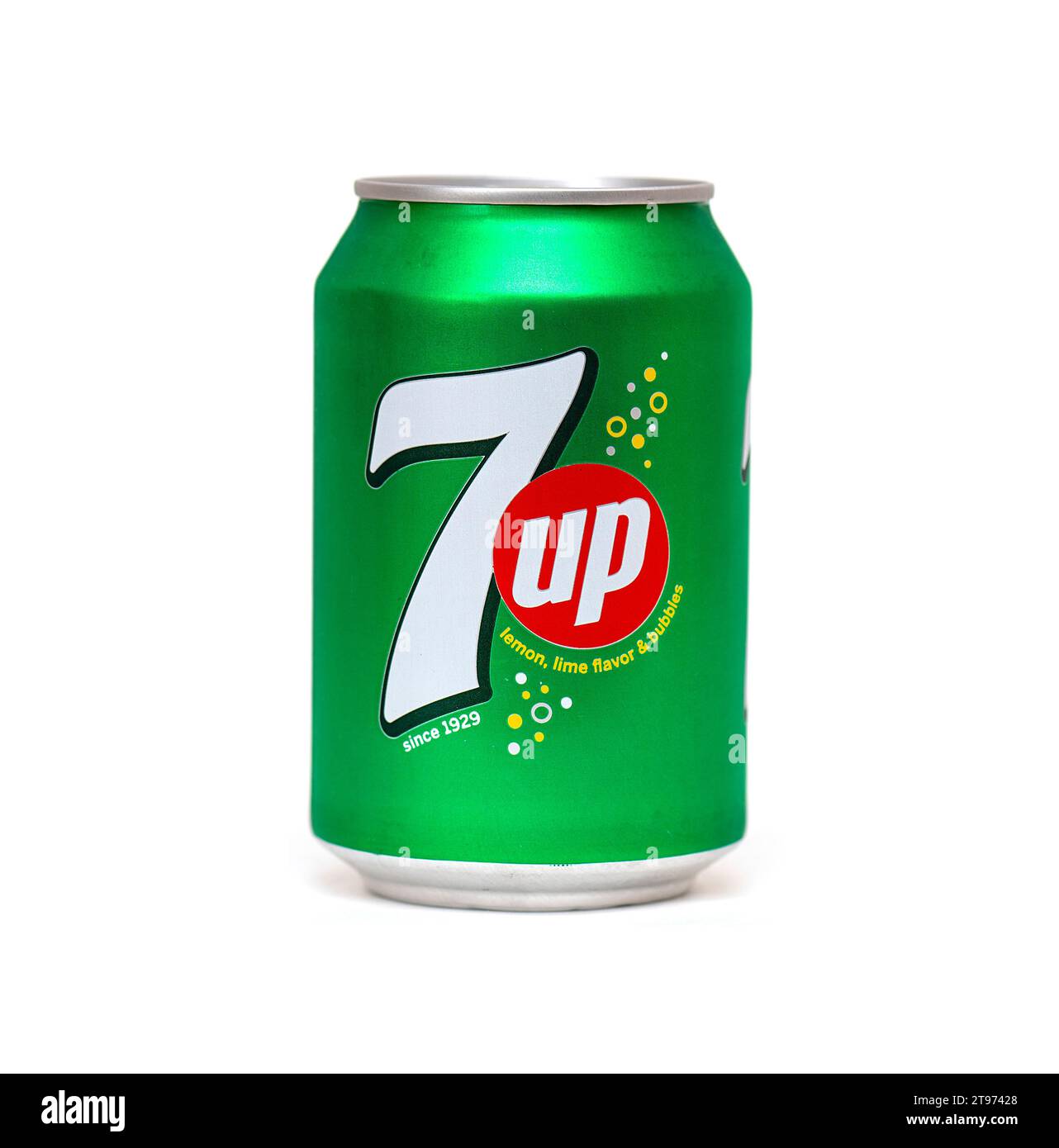 BERLIN - OCT 07: Can with 7Up or Seven Up classic logotype isolated on white, front view in Berlin on October 07. 2023 in Germany Stock Photo