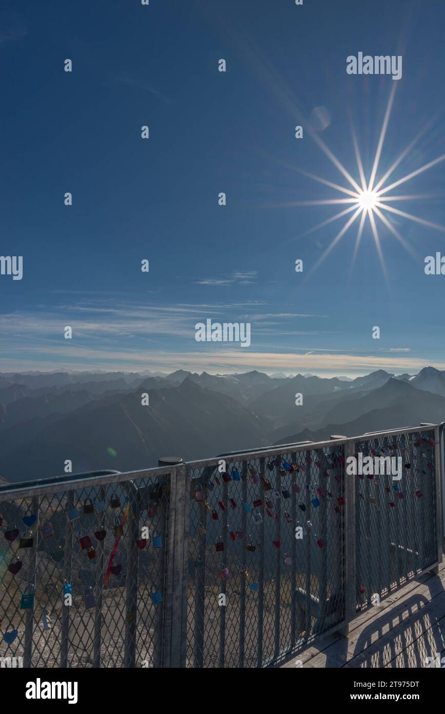 Viewing platform on 3,250m asl, Hintertuxer Gletscher or Hintertux Glacier,  Hintertux, tuxer valley, Zillertar Alps, Tyrol, Austria, Stock Photo