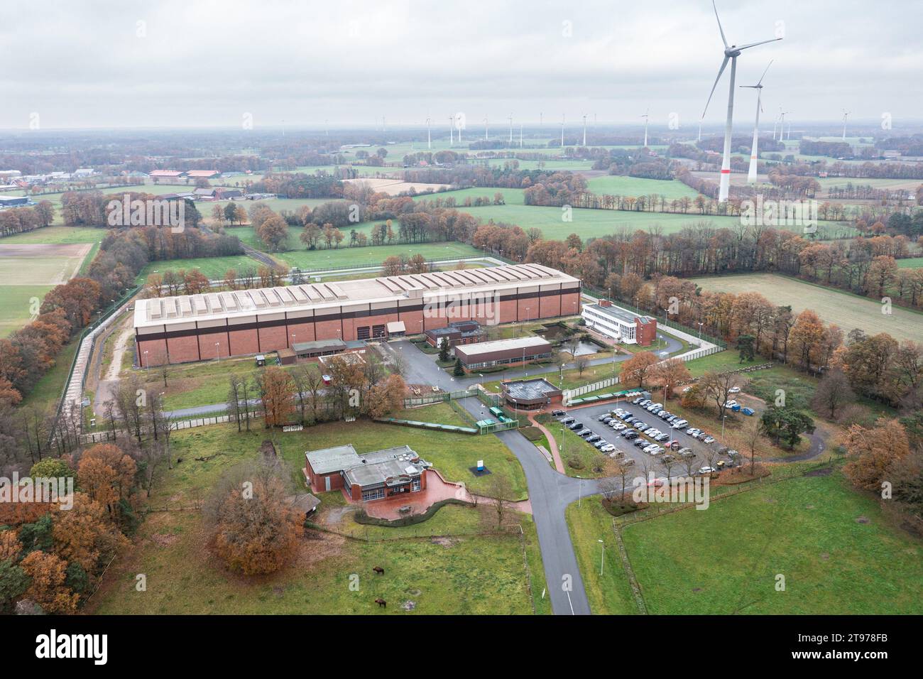 Ahaus, Germany. 23rd Nov, 2023. The nuclear waste interim storage facility in Ahaus, operated by BGZ Gesellschaft für Zwischenlagerung mbH, stores high- and low-radiation radioactive waste in this interim storage facility. (Photographed with a drone) Credit: Guido Kirchner/dpa/Alamy Live News Stock Photo