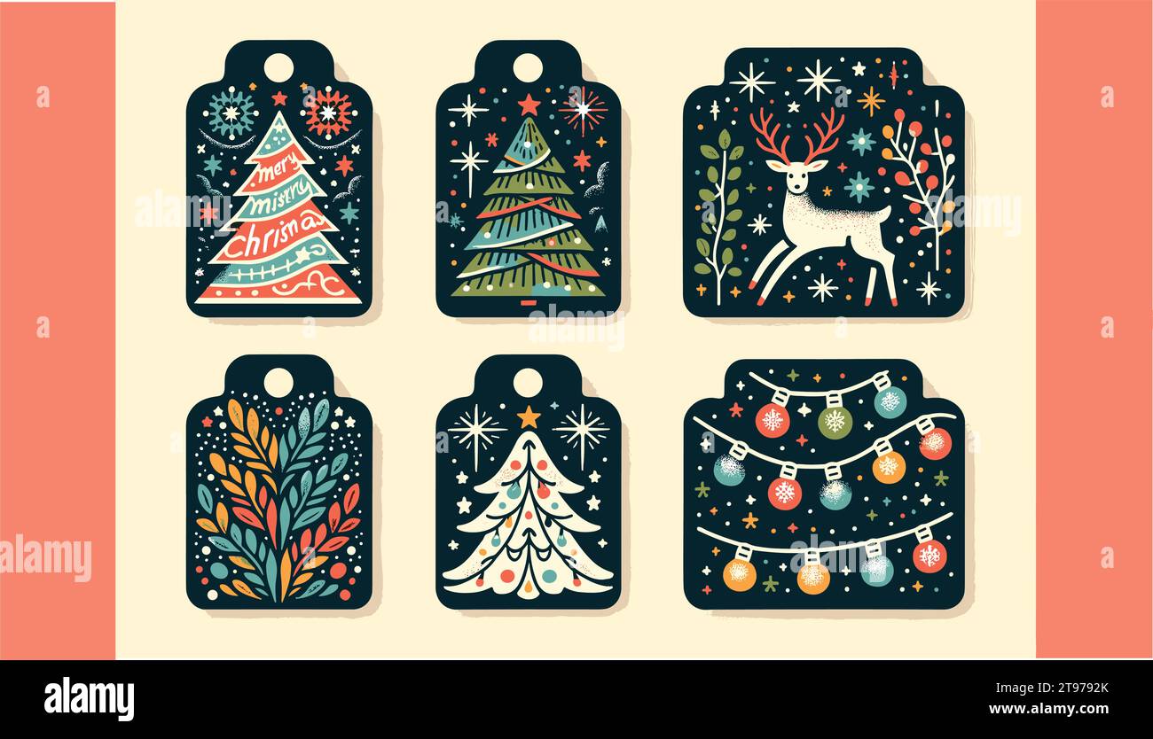 Four colorful vintage Christmas gift tags, fully displayed side by side ...