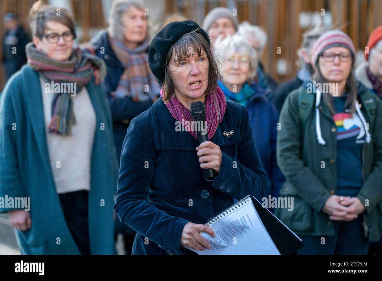 Scotland's Makar (National Poet for Scotland) Kathleen Jamie joined other writers, artists and activists gathered outside the Scottish Parliament in Edinburgh, to demand cross-party support for action on climate. Picture date: Thursday November 23, 2023. Stock Photo