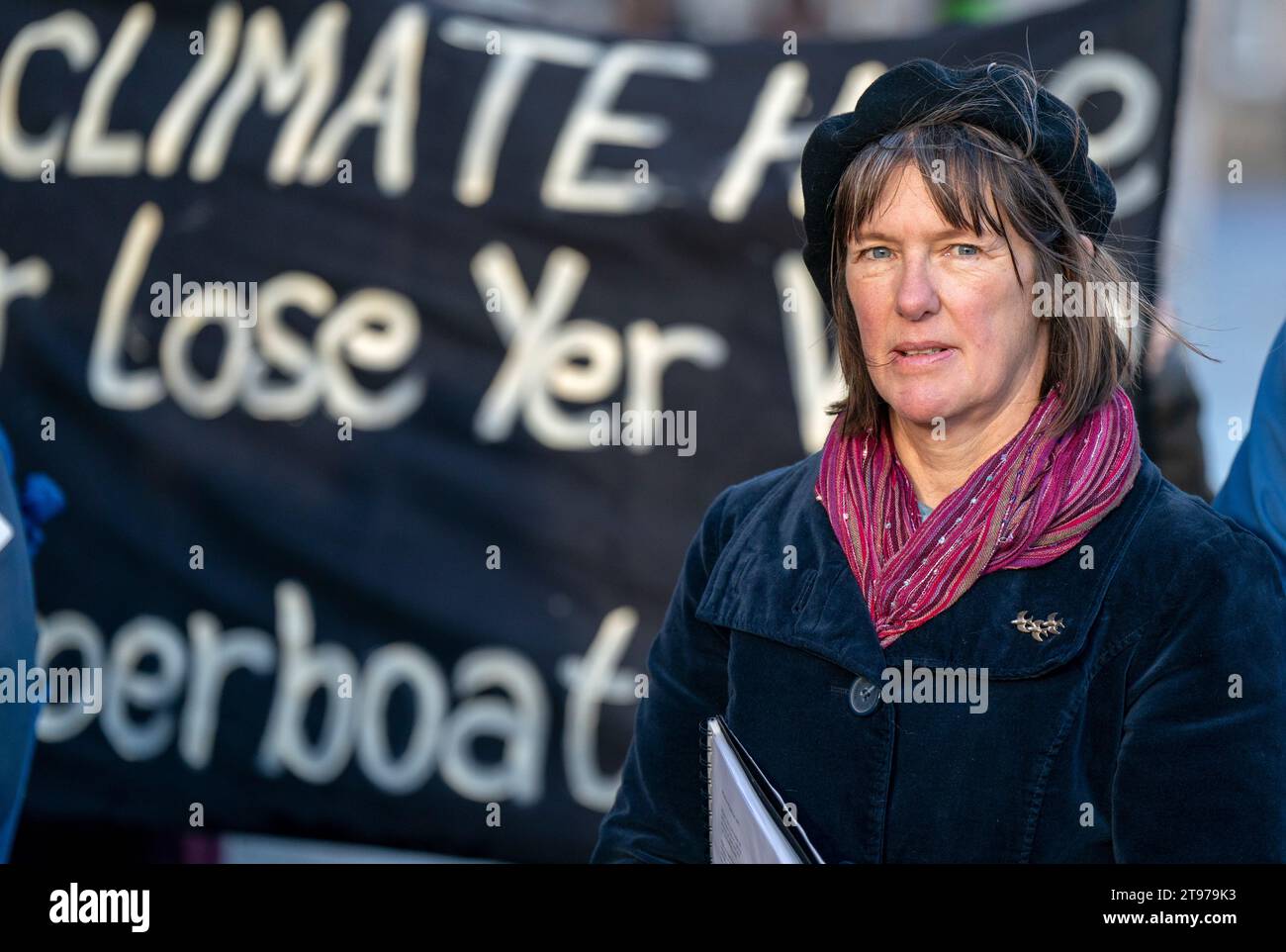 Scotland's Makar (National Poet for Scotland) Kathleen Jamie joined other writers, artists and activists gathered outside the Scottish Parliament in Edinburgh, to demand cross-party support for action on climate. Picture date: Thursday November 23, 2023. Stock Photo