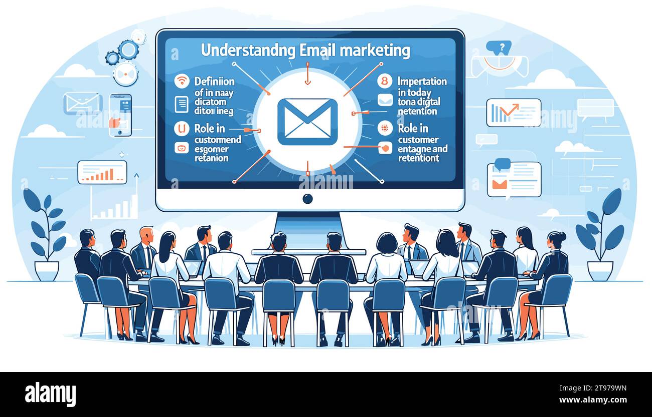 It features business professionals gathered around a large computer ...