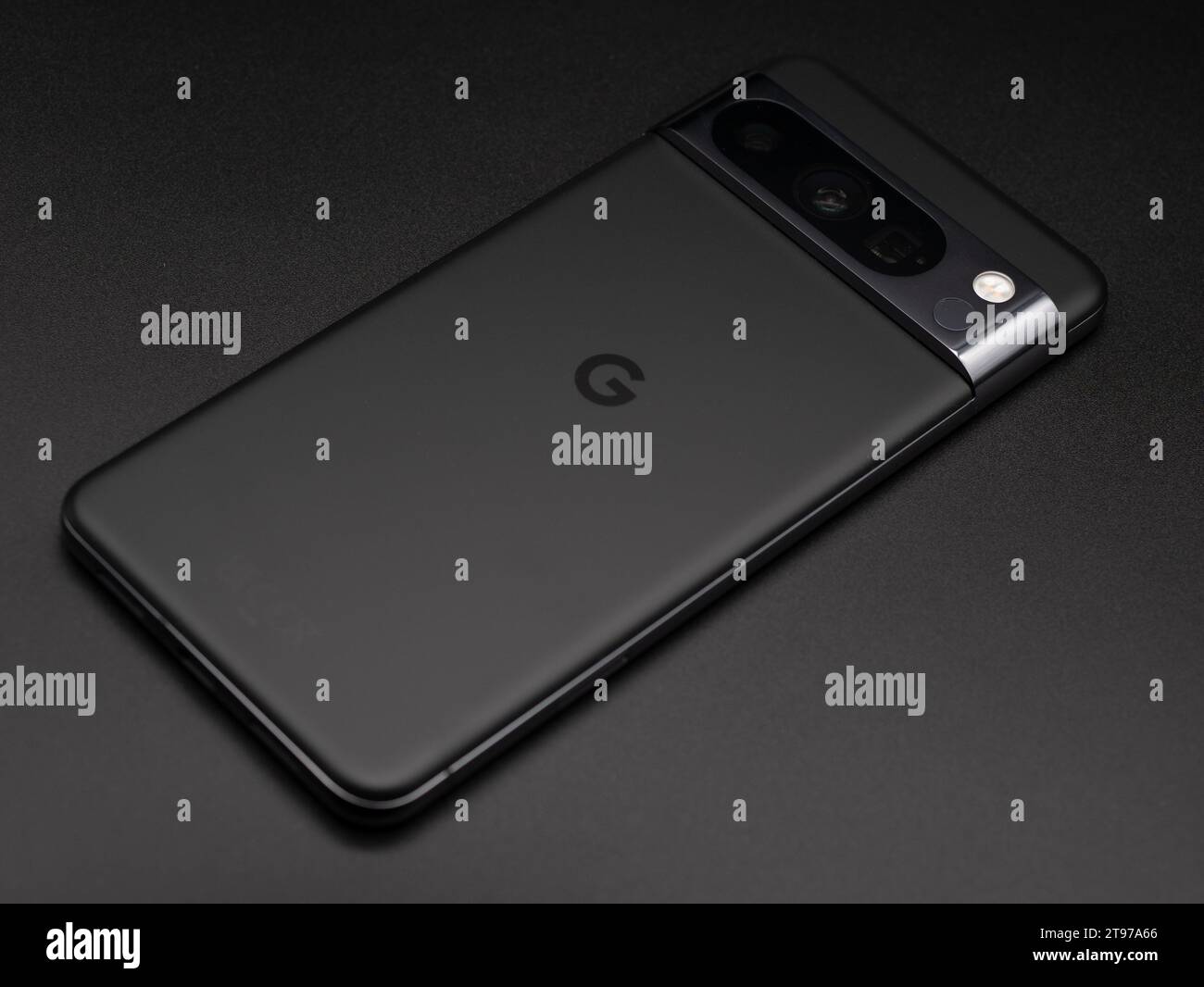 Leeds, UK - November 2023 - Google Pixel 8 Pro Obsidian Black Back on Black Background Stock Photo