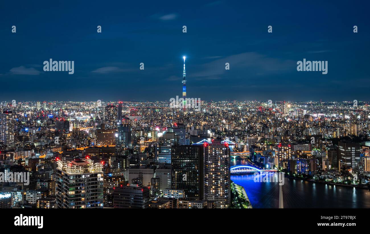 Tokyo Skytree with Tokyo Olympics lightup on opening day Stock Photo