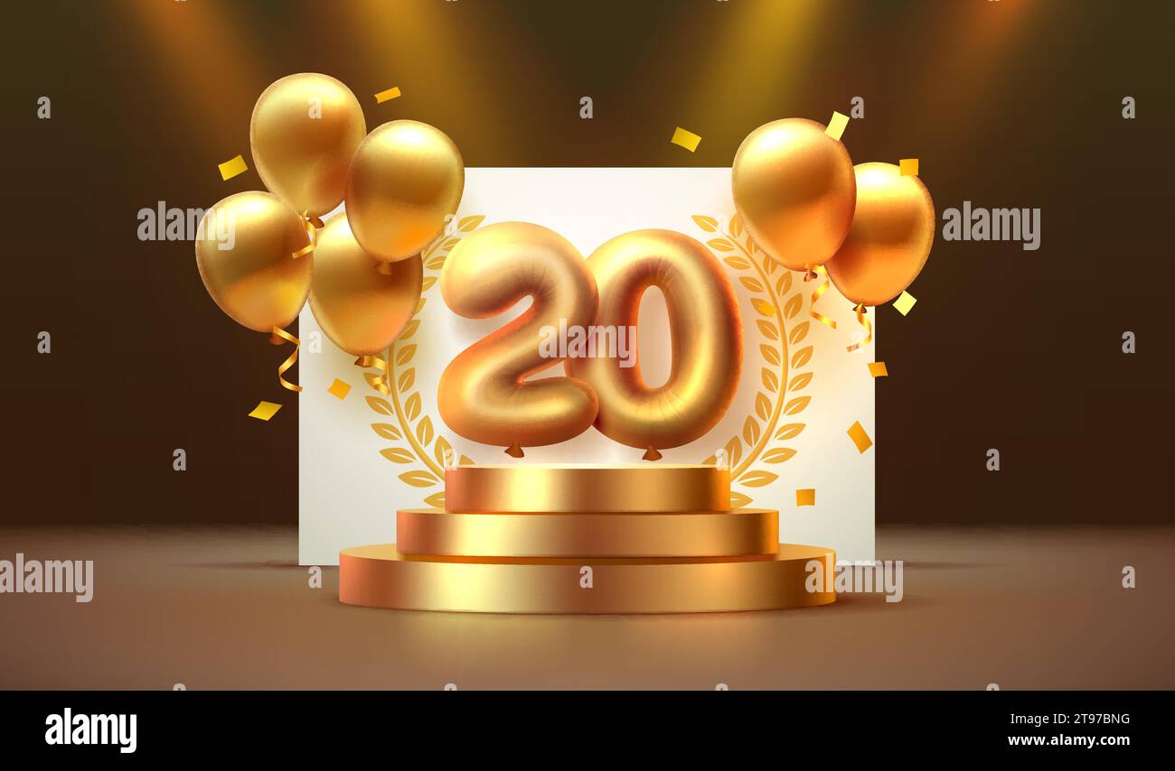 Anniversary of Birthday, number 20 on the podium with golden balloons. Vector Stock Vector
