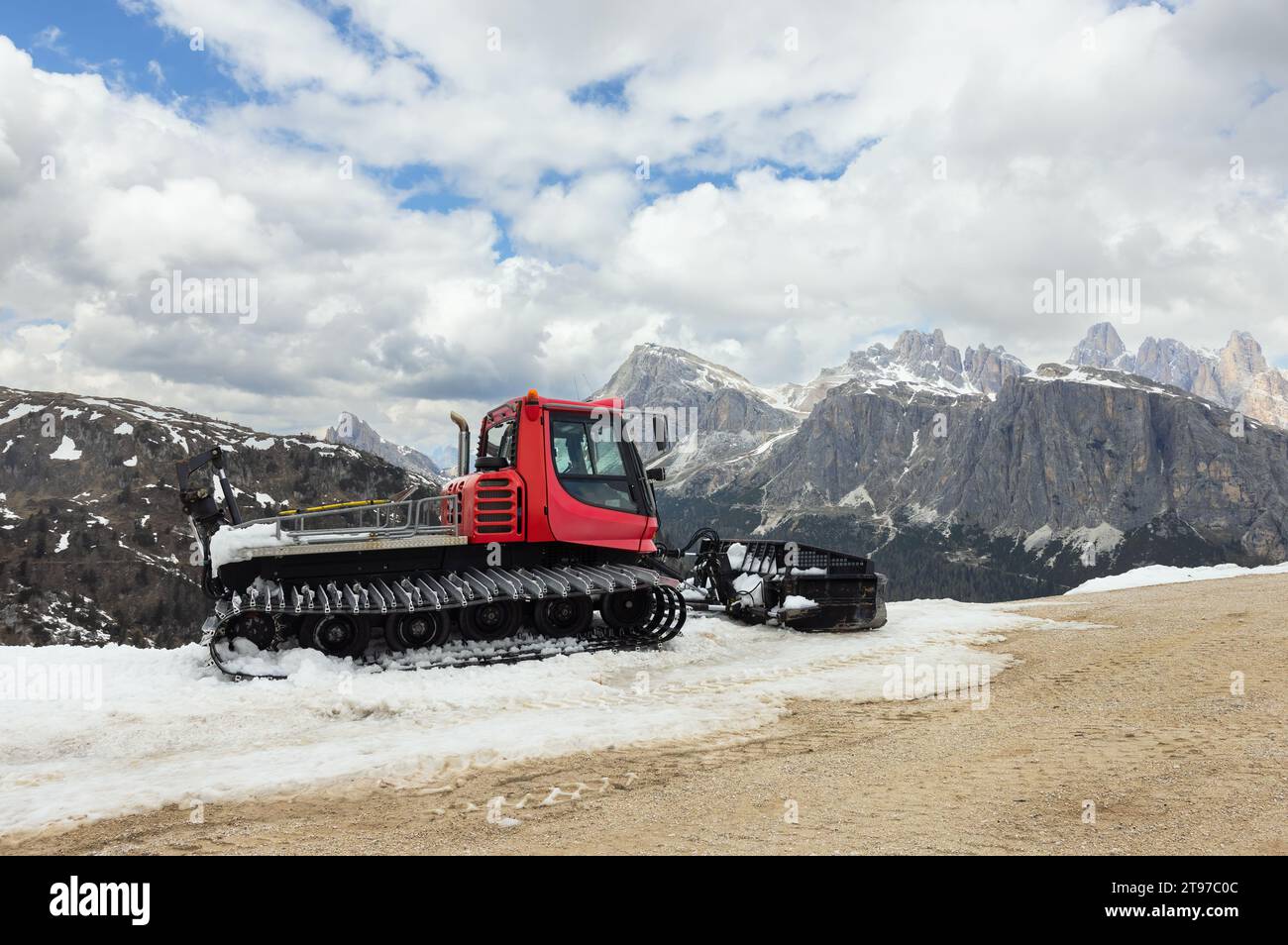 snow blower in the Dolomites, Five Towers (Cinque Torri) Italy Stock Photo