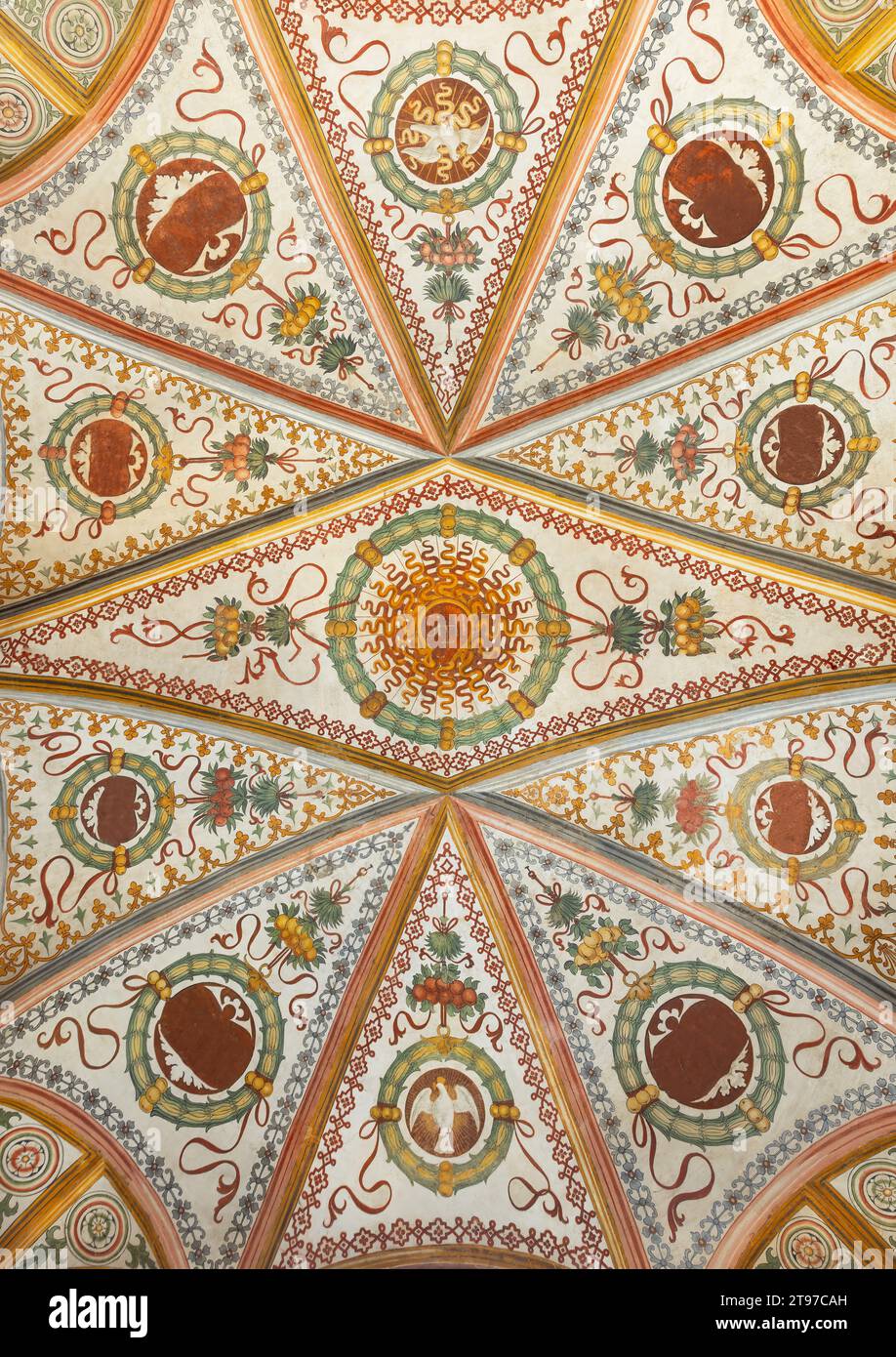 beautiful ceiling ornament in Certosa ItalyPavia, Italy  June 07, 2023. The Charterhouse, the ceiling of main nave of the church Stock Photo