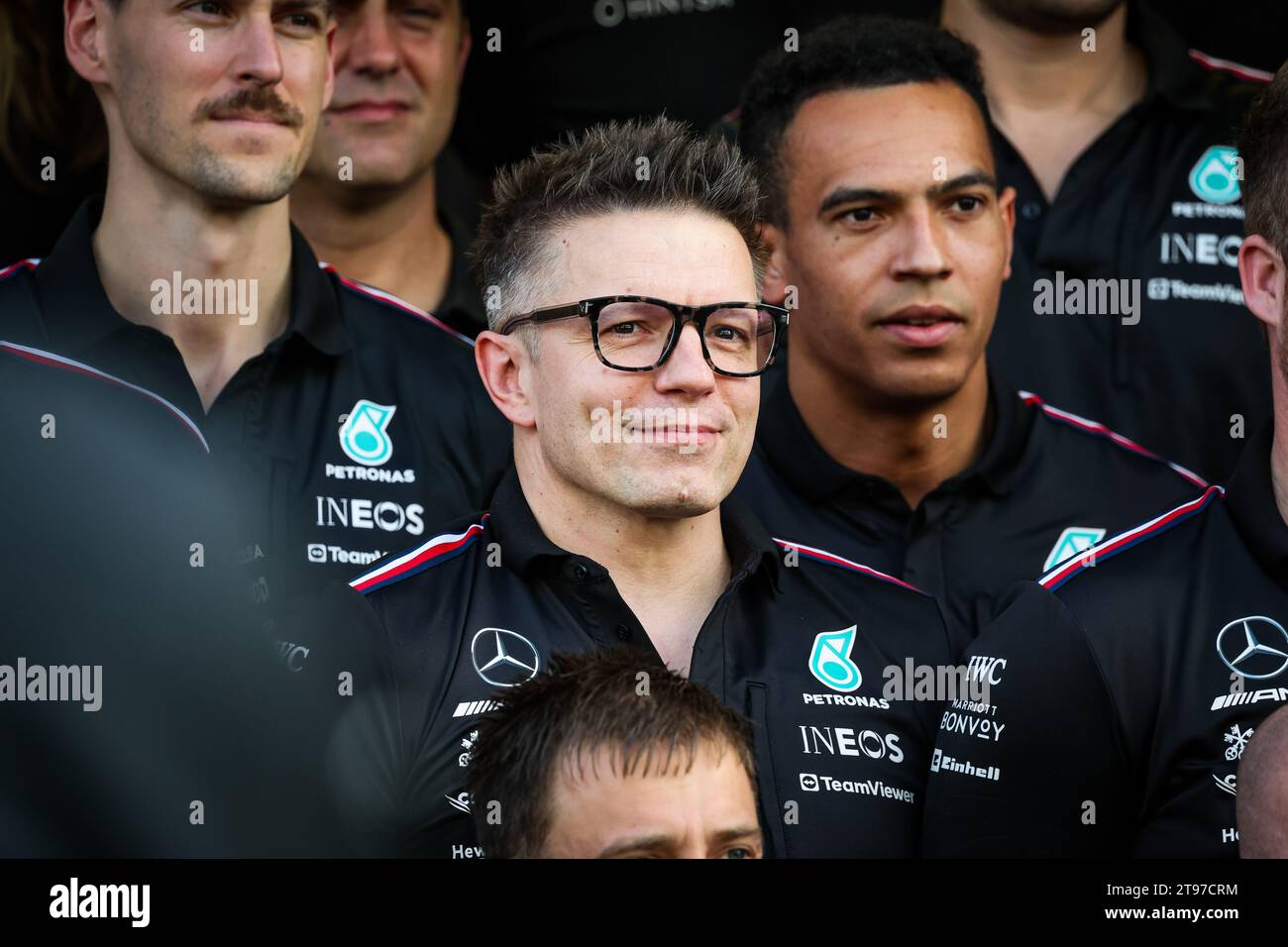 Peter 'Bono' Bonnington, senior race engineer for Lewis Hamilton at Mercedes AMG F1 Team, during the 2023 Formula 1 Etihad Airways Abu Dhabi Grand Prix, 22th round of the 2023 Formula One World Championship from November 24 to 26, 2023 on the Yas Marina Circuit, in Abu Dhabi Stock Photo