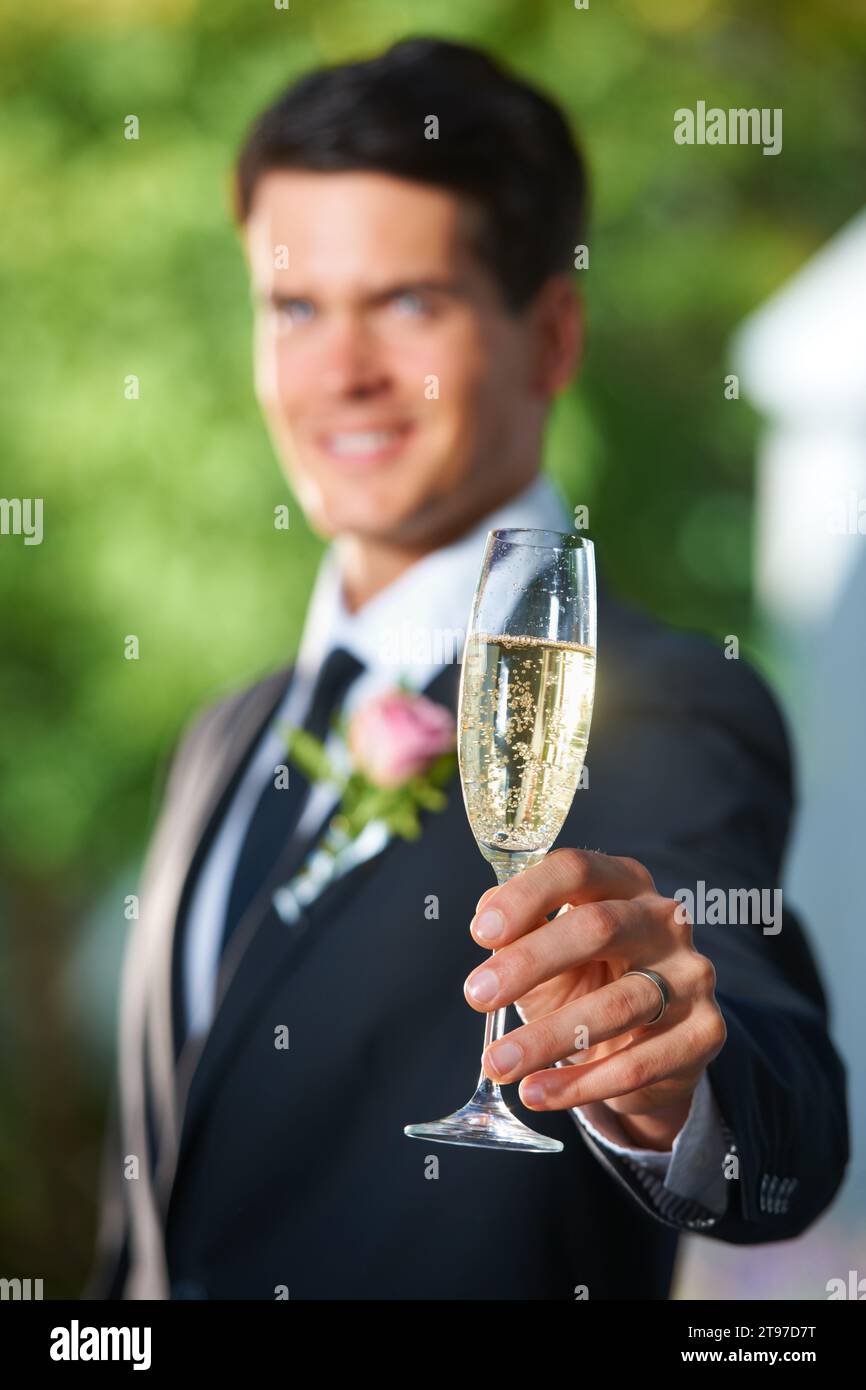 Wedding, toast and groom with glass of champagne for romantic
