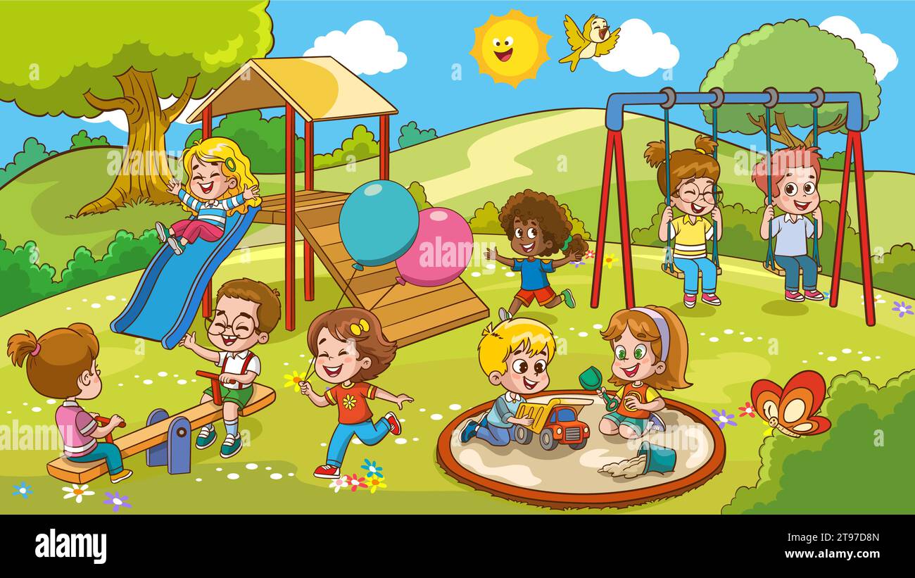 Vector illustration of happy kids playing in playground Stock Vector ...