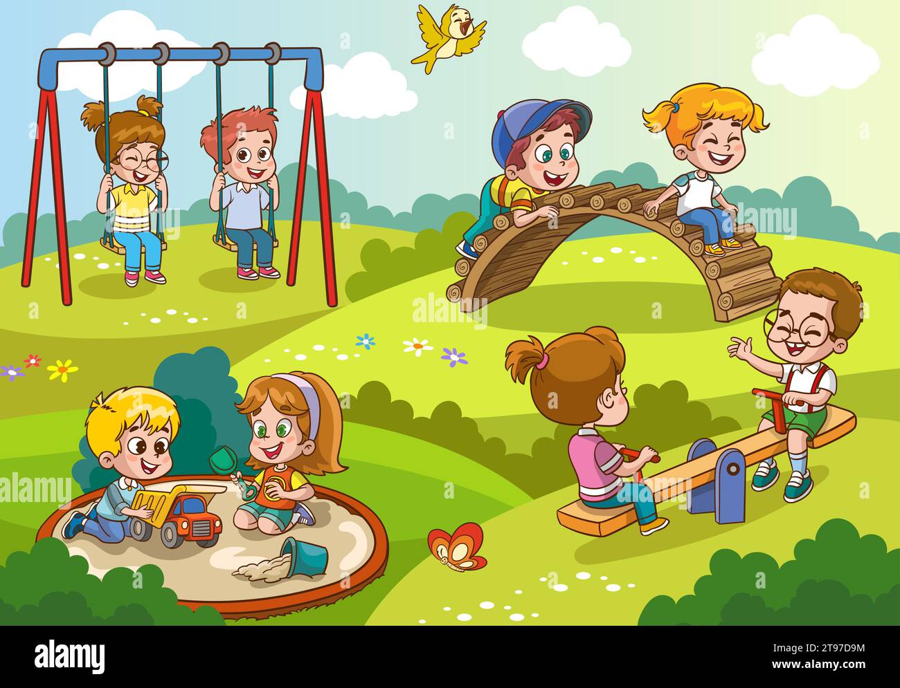 Vector illustration of happy kids playing in playground Stock Vector ...