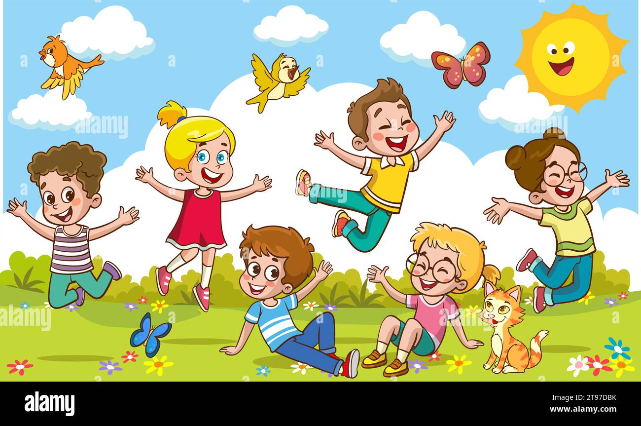 little kid play together with friend and feel happy vector Stock Vector