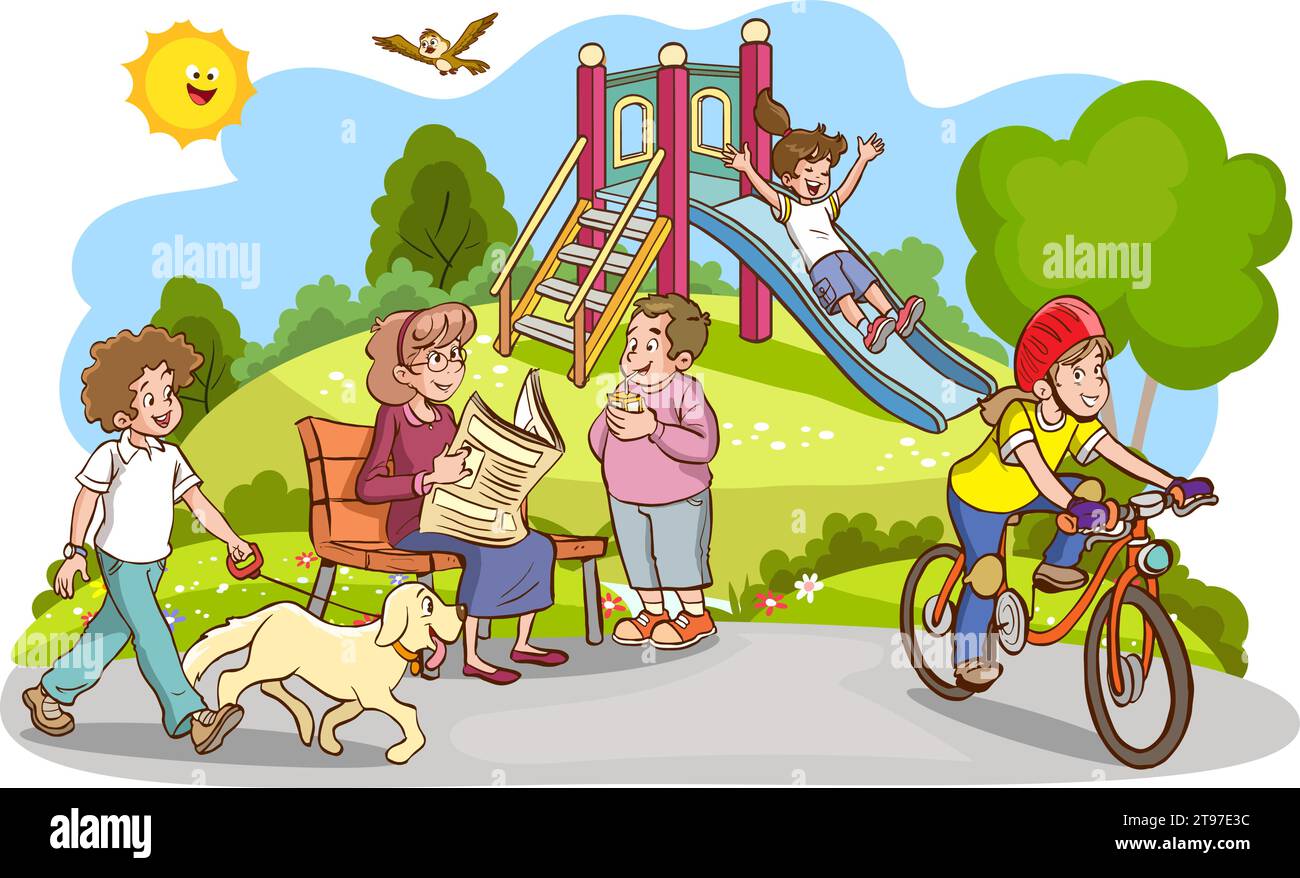 Vector illustration of happy kids playing in playground Stock Vector ...