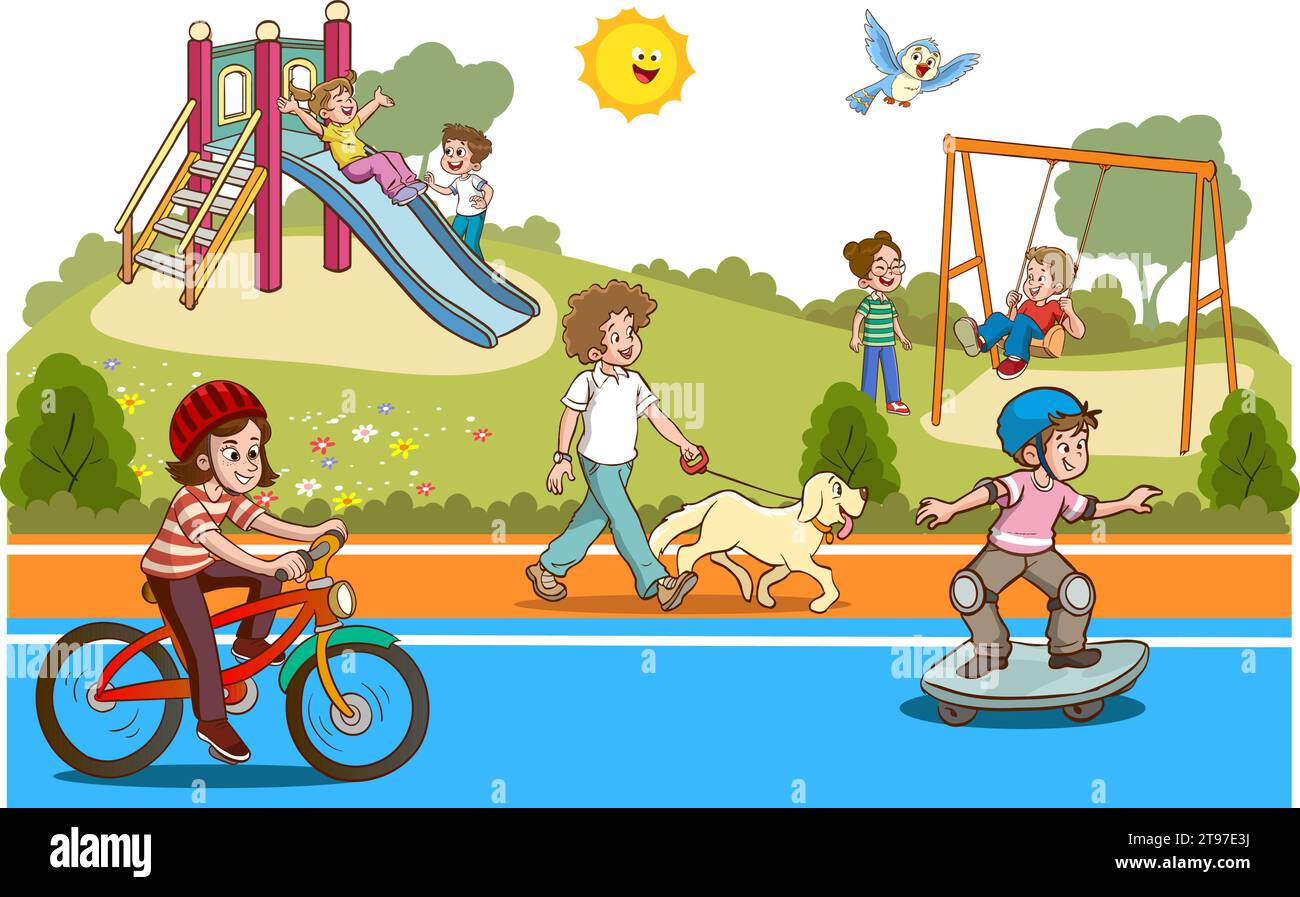 Vector illustration of happy kids playing in playground Stock Vector ...