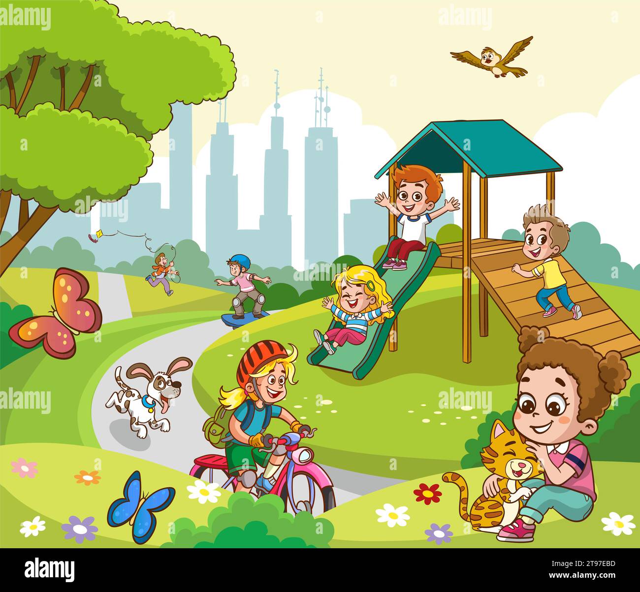 Vector illustration of happy kids playing in playground Stock Vector ...