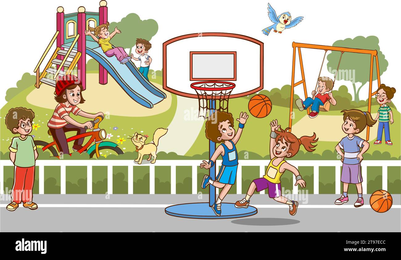 Vector illustration of happy kids playing in playground Stock Vector ...