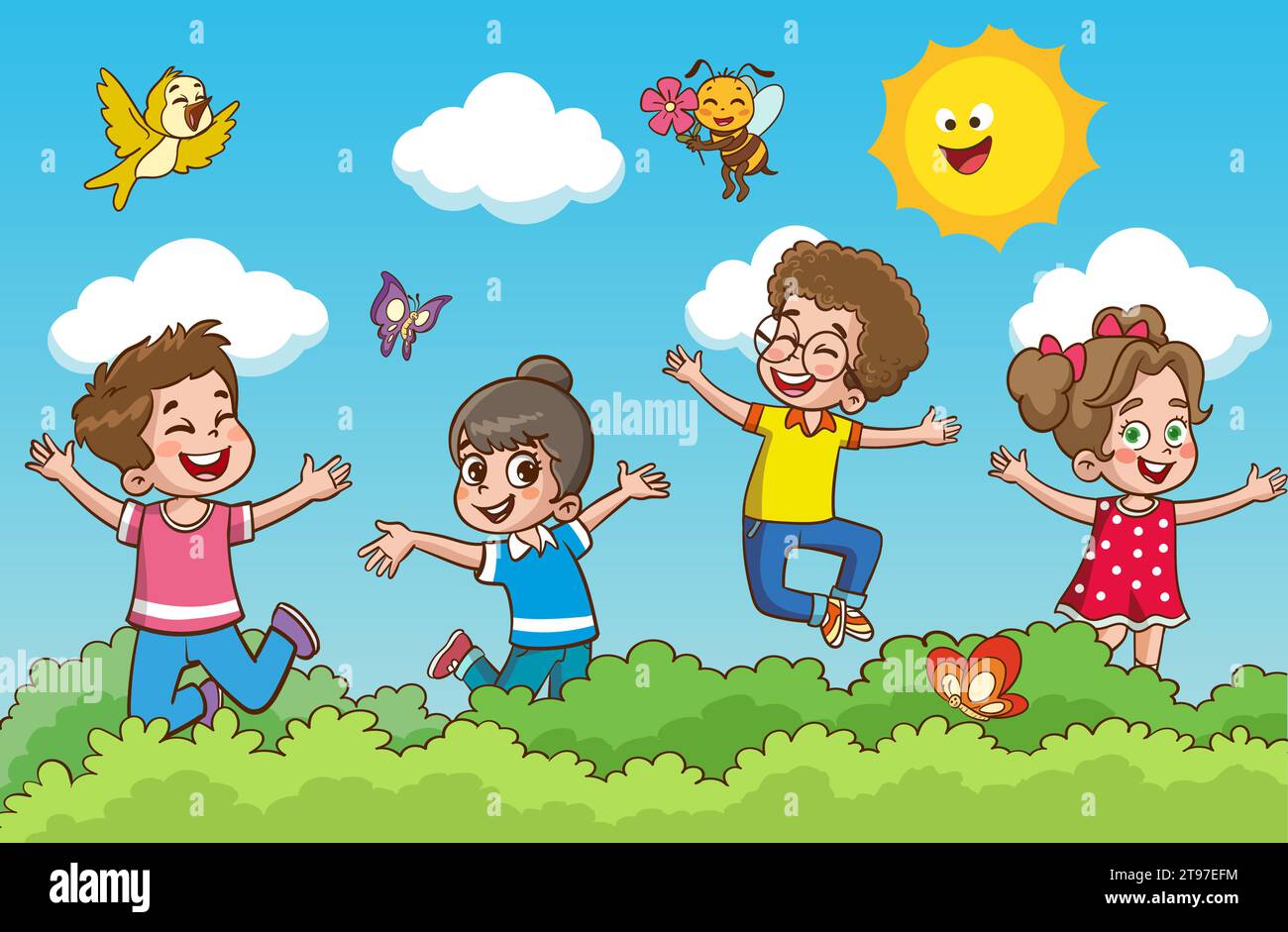 little kid play together with friend and feel happy vector Stock Vector