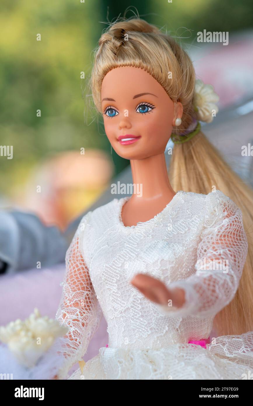 Close-up of a Barbie Doll in Handmade Wedding Clothes Stock Photo