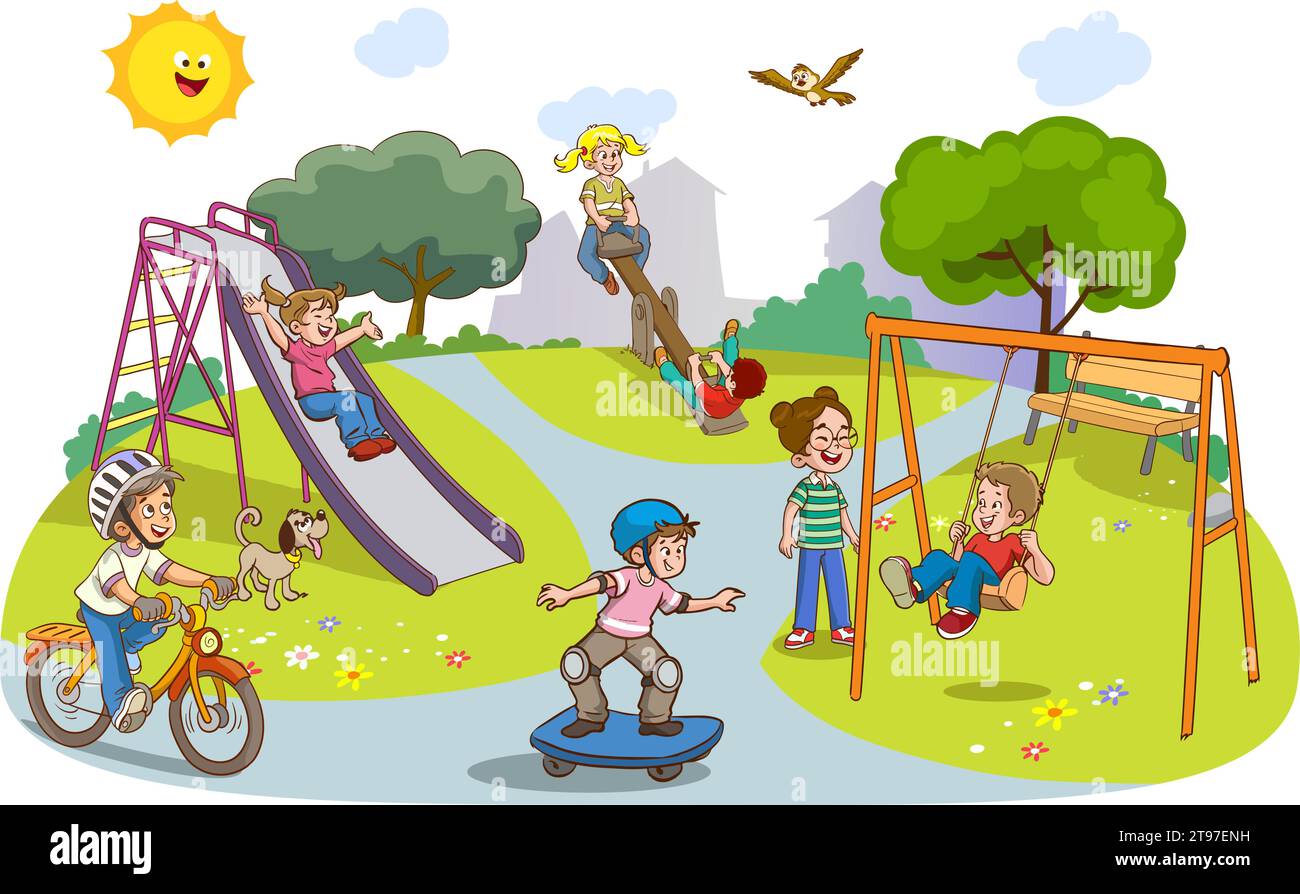 Vector illustration of happy kids playing in playground Stock Vector ...