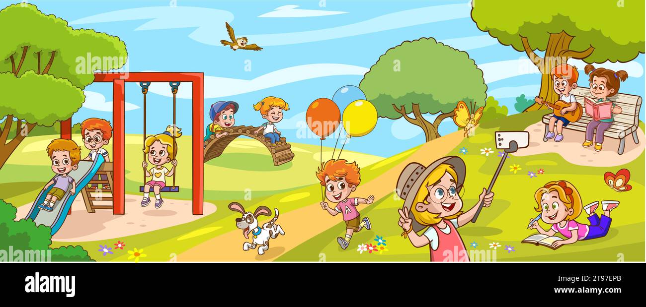 Vector illustration of happy kids playing in playground Stock Vector