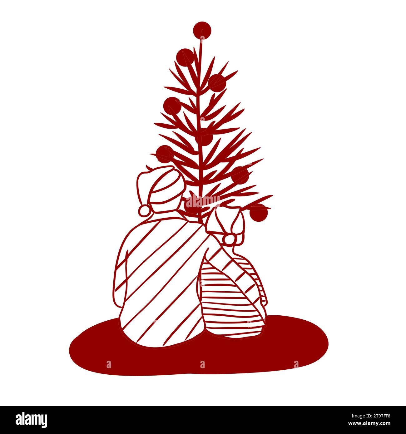 hand drawn illustration of adult and child near Christmas tree sitting holiday. man woman son