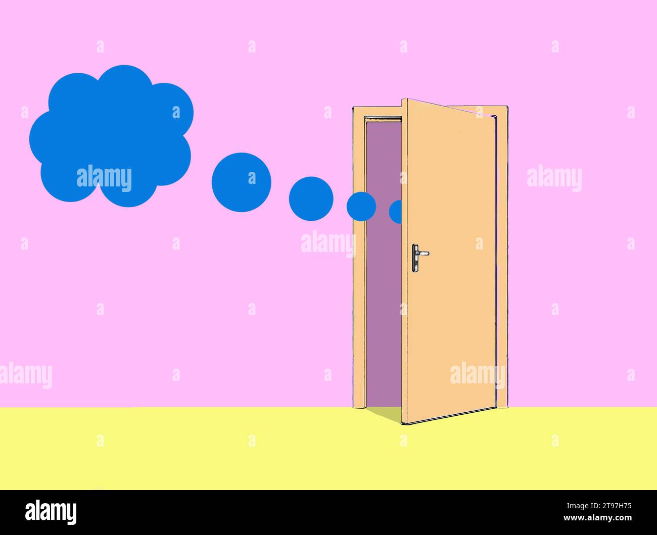 Door emitting blue thought bubbles Stock Photo