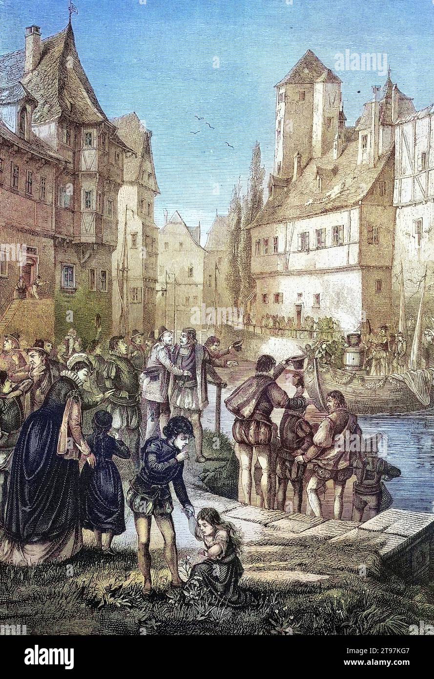 Ankunft des Breitopfes per Schiff von Zürich in Straßburg , am 20. Juni 1576 ruderten fünfzig Zürcher mit einem Topf voll heissem Hirsebrei zu einem Schützenfest nach Strassburg. Sie erinnerten damit an die erste erwähnte Fahrt auf Limmat, Aare und Rhein von Zürich nach Strassburg, die 1456 stattgefunden hatte, Frankreich, Historisch, digital restaurierte Reproduktion von einer Vorlage aus dem 19. Jahrhundert, koloriert  /  Arrival of the Breitopf by ship from Zurich in Strasbourg , on 20 June 1576, fifty people from Zurich rowed to Strasbourg with a pot full of hot millet porridge for a shoot Stock Photo