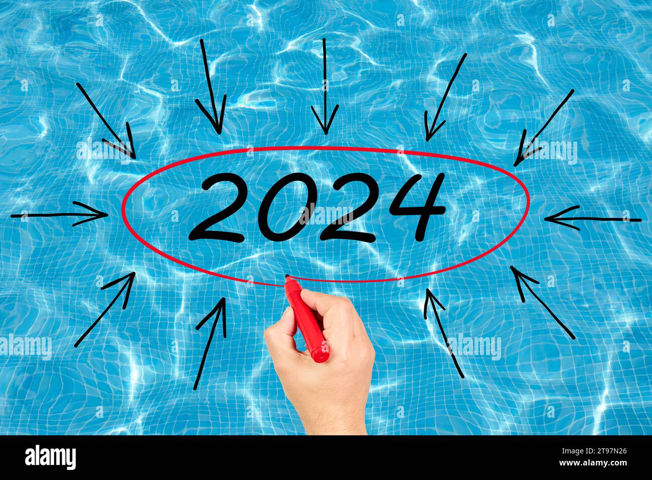 2024 Woman Writing Number 2024 On Pool Water Background Happy New   2024 Woman Writing Number 2024 On Pool Water Background Happy New Year Greeting Card 2T97N26 