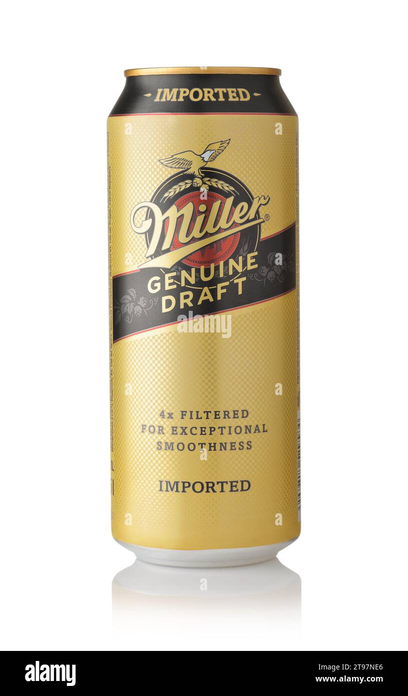 Samara, Russia - January 2022. Front view of Miller Genuine Draft  lager beer can isolated on white Stock Photo