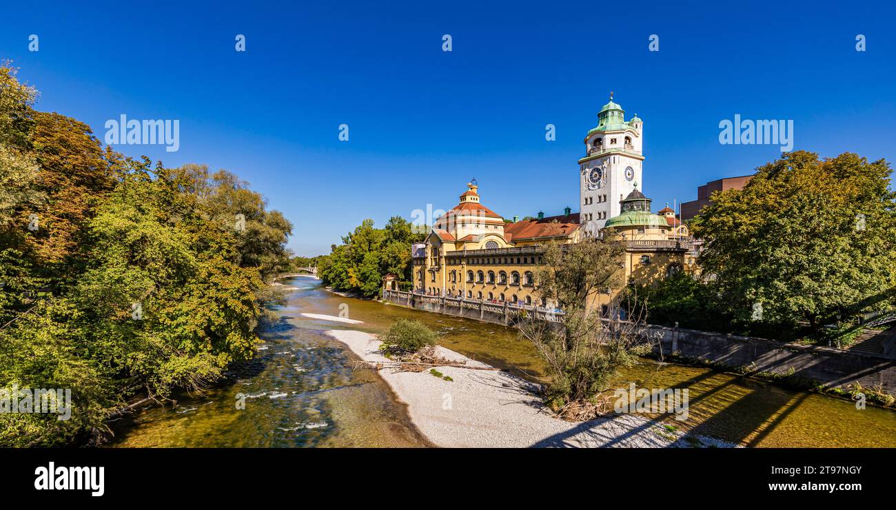 Germany, Bavaria, Munich, Isar river and Mullersches Volksbad bathhouse Stock Photo