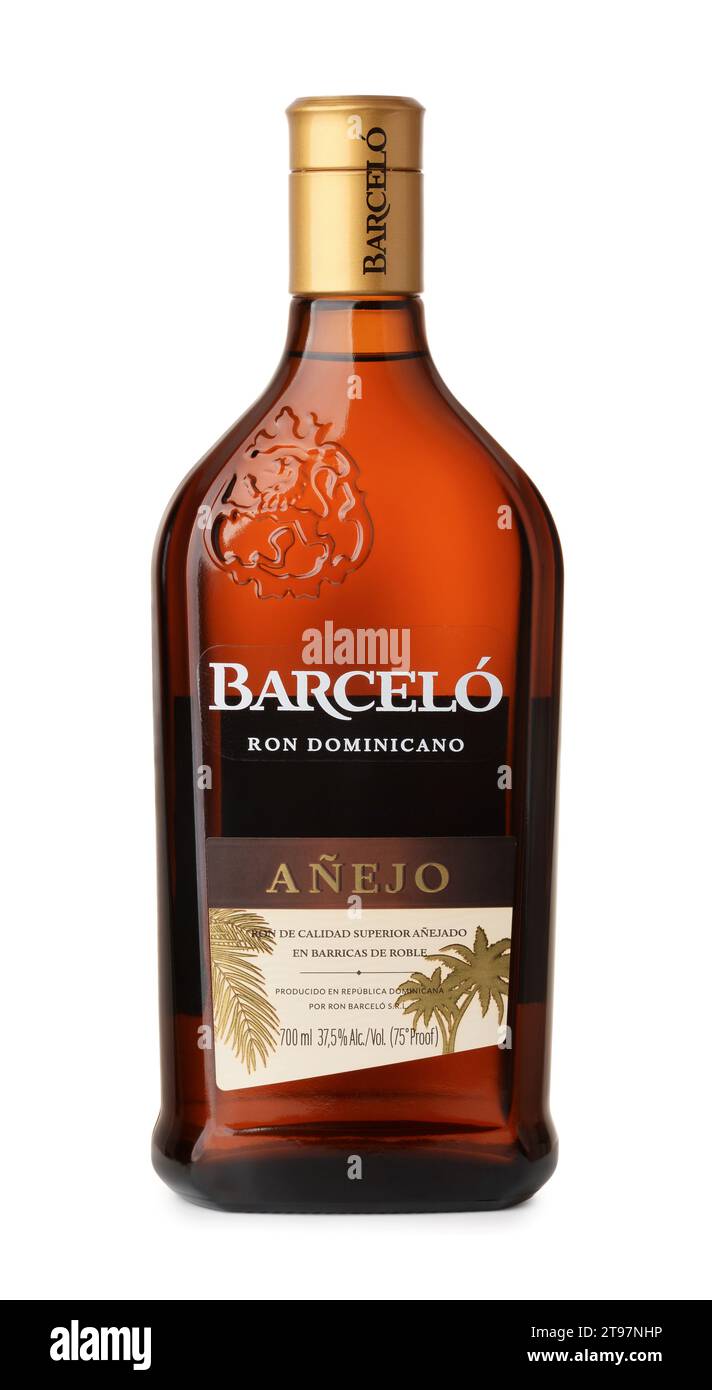Tbilisi, Georgia - November 2023. Front view of Barcelo Anejo dominican rum bottle isolated on white Stock Photo