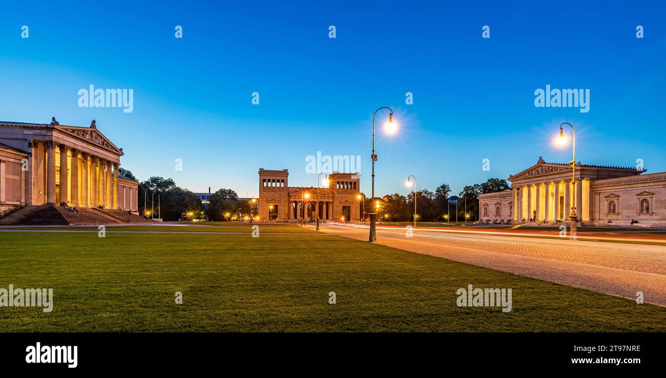 Germany, Bavaria, Munich, Panoramic view of Koenigsplatz at dusk Stock Photo